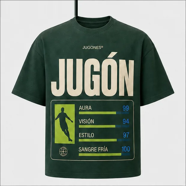 Camiseta Estadísticas en Verde bosque, vista delantera con la palabra JUGÓN