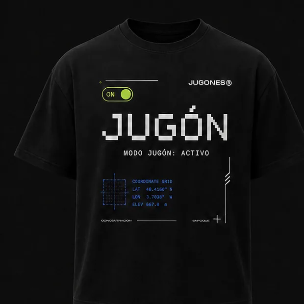 Camiseta Modo Jugón en Negro carbón, vista delantera con la palabra JUGÓN